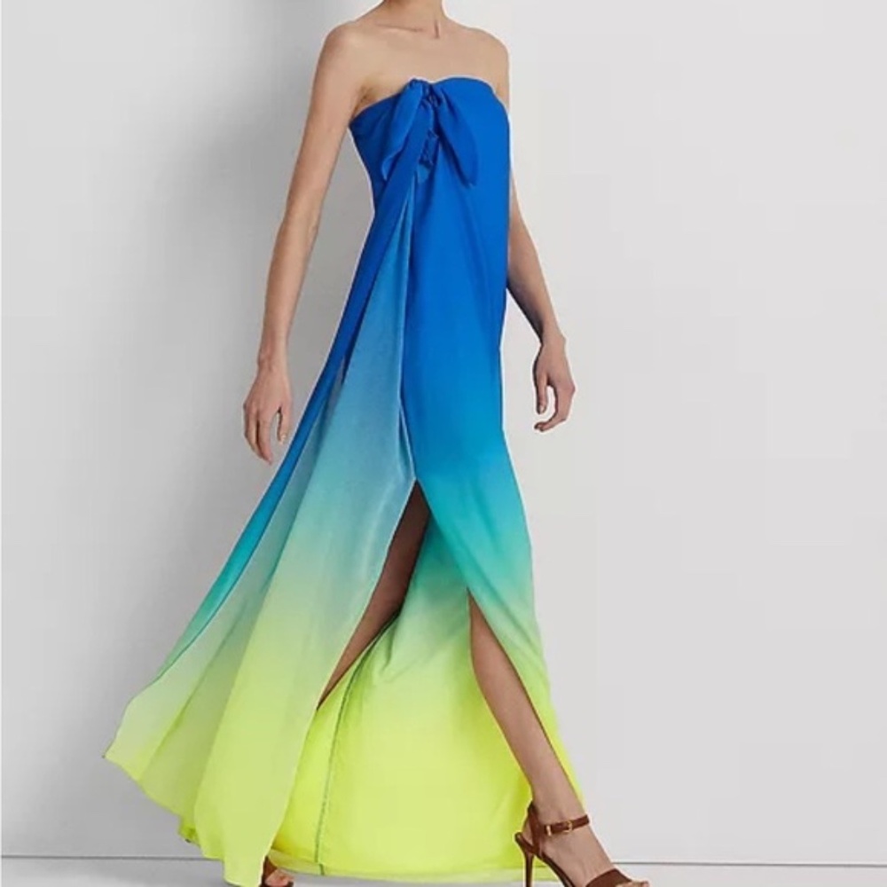 Strapless Ombre Blue to Lime Maxi Dress